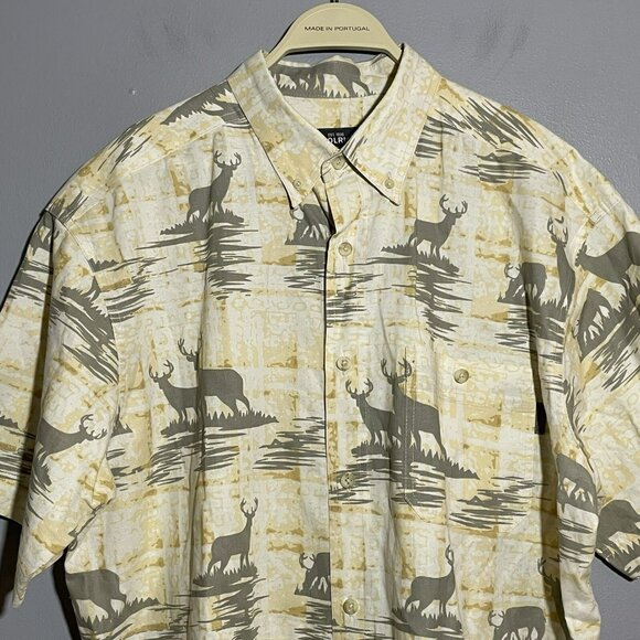 Woolrich Outdoor Button Shirt Men Size L Deer Elk Hunt Beige Short Sleeve Pocket - Picture 3 of 7